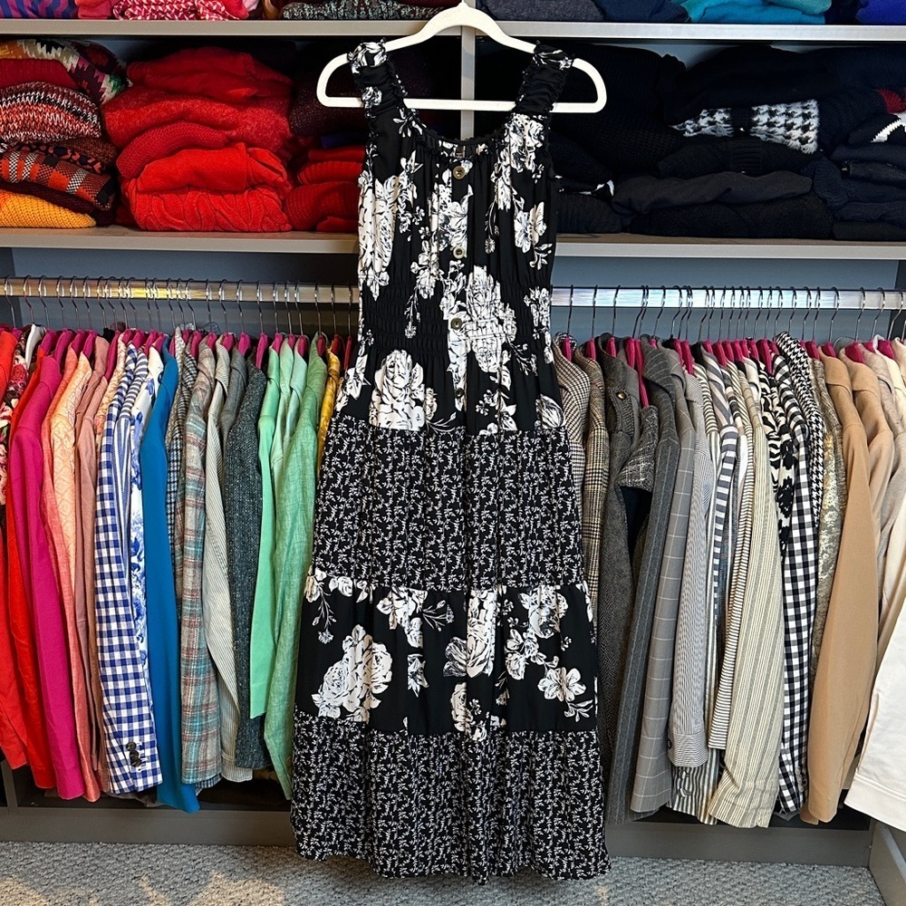 Lapis black/white floral elastic waistband sleeveless midi dress size M